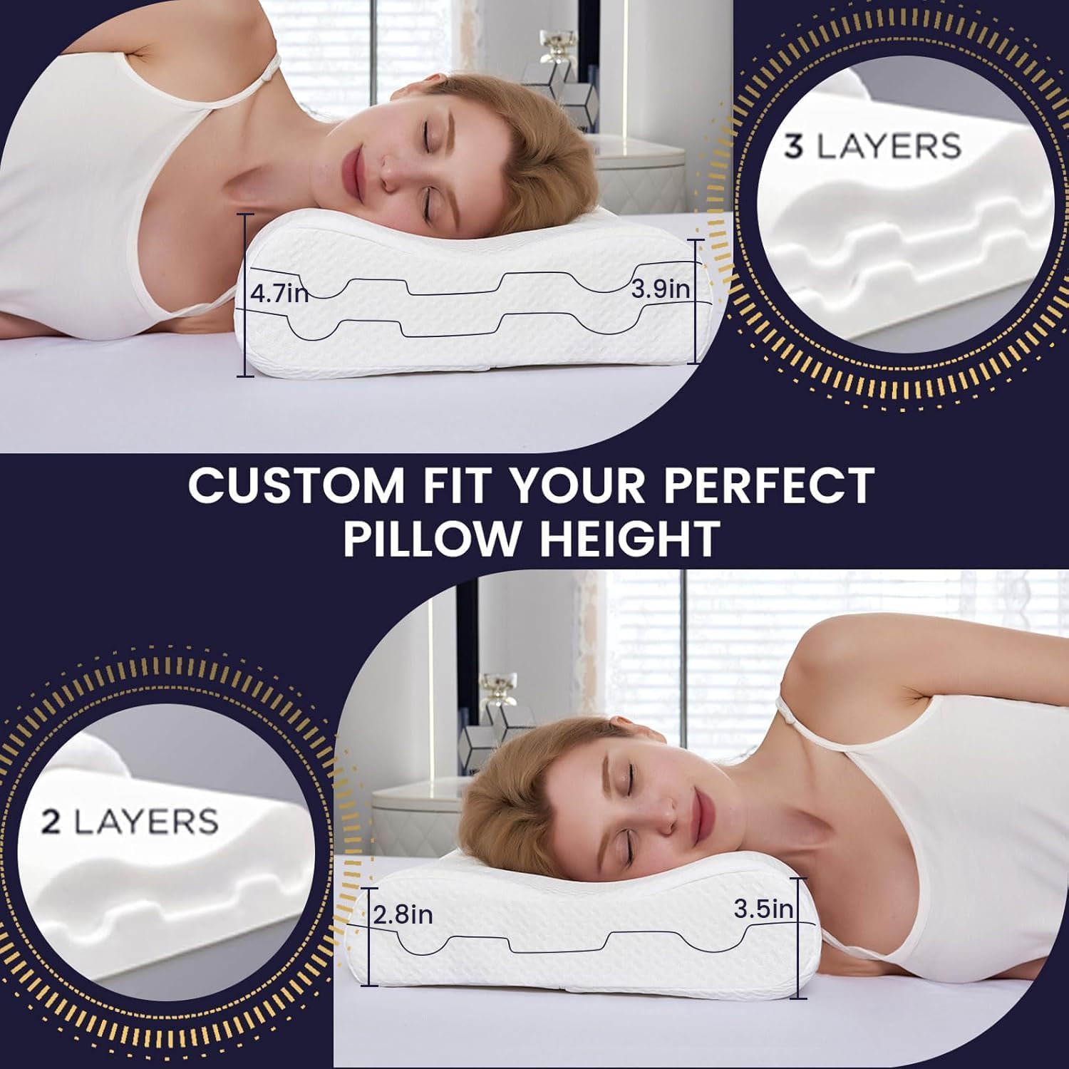 Memory Foam Neck Pillow for Sleeping, Cervical Neck Pillow for Neck Pain Relief, Queen Ergonomic Orthopedic Adjustable Contour Pillow for Side, Back & Stomach Sleepers (23.6"×14"×4.7"/3.9") - Image 3