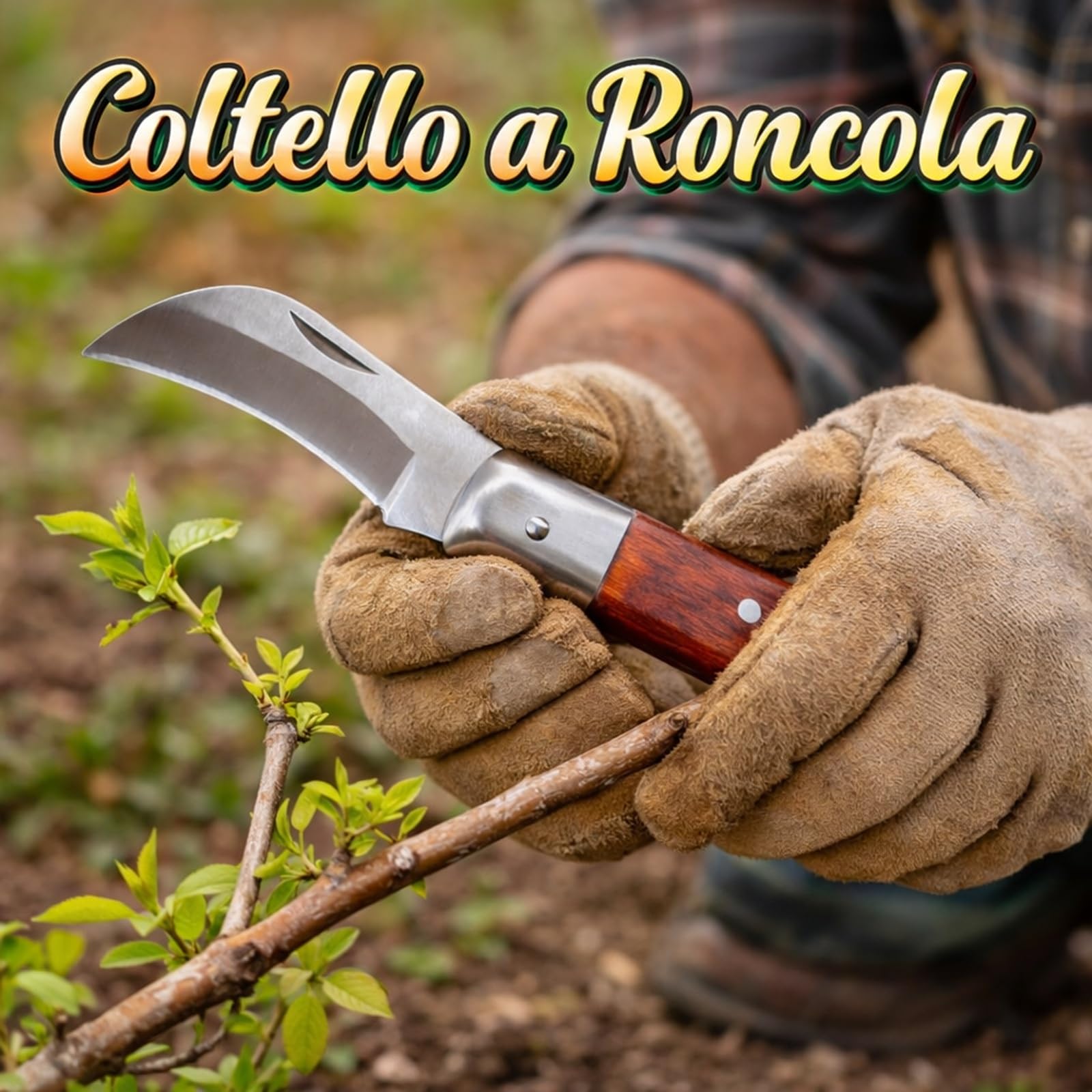 topolenashop Coltello da Innesto a Roncola Tascabile 19,5 cm – Lama Curva 6 cm in Acciaio Inox, Coltello Potatura e Giardinaggio, Manico in Legno, Pieghevole | 313002