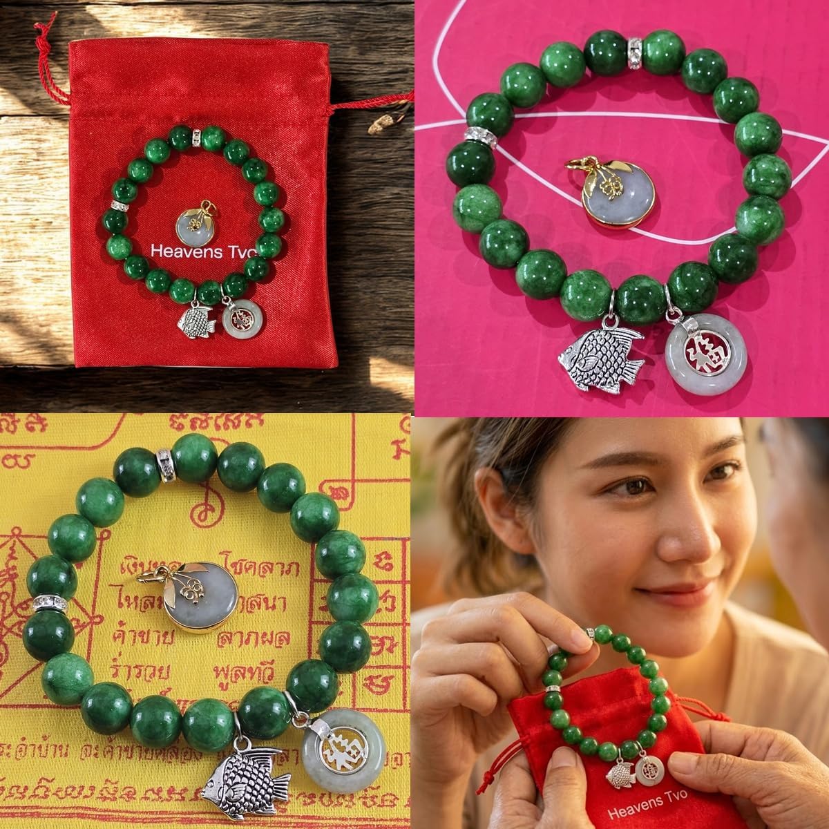 Thai Jade Real Bracelet for Women – Good Luck Jewelry with Jì Fú Coin & Fish Locket Charm – Wealth & Fortune Amulet