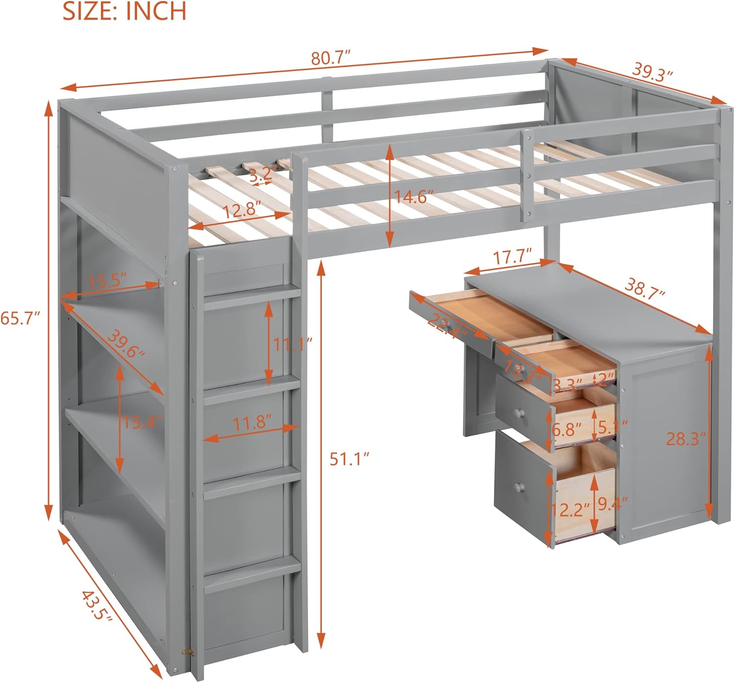 CITYLIGHT Twin Loft Bed with Desk & Drawers & Three-Tier Open Shelves,Wooden Loft Bed Frame with Guardrails and Ladder for Kids Teens Adults Bedroom Sduty,Space Saving,No Box Spring Needed,Grey