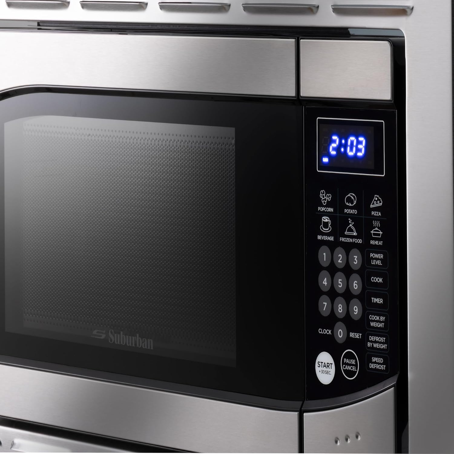 RecPro Suburban RV Built-In Microwave Oven 0.9 Cu. Ft. Stainless Steel with Trim Kit 900W Output | Touchpad Controls, Auto Cook & Quick Start | Compact Microwave for RVs and Campers