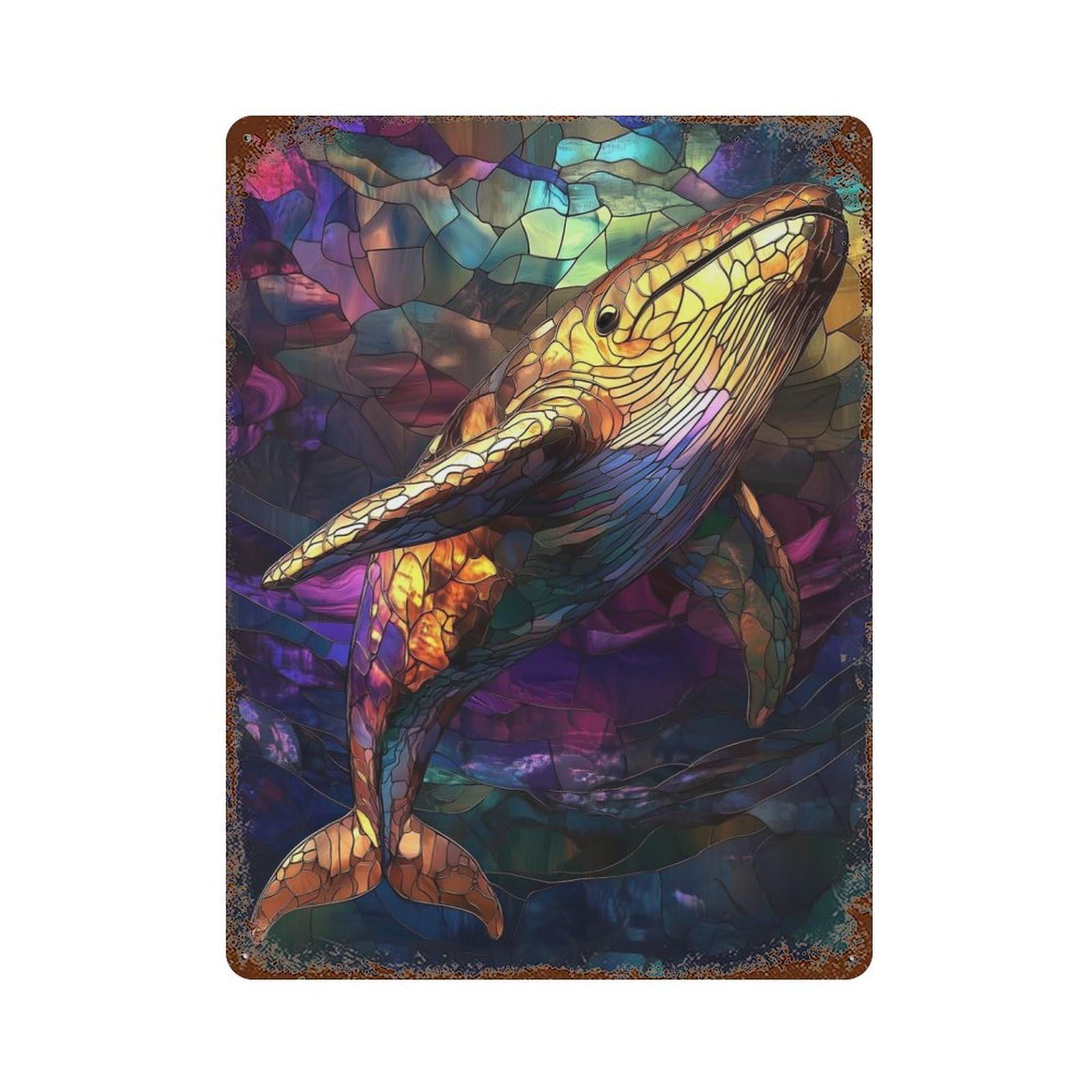 Vintage Rust Metal Sign Stained Glass Whale 15.7"x11.8", Novelty Wall Decor for Garage, Bar And Workshop Decor