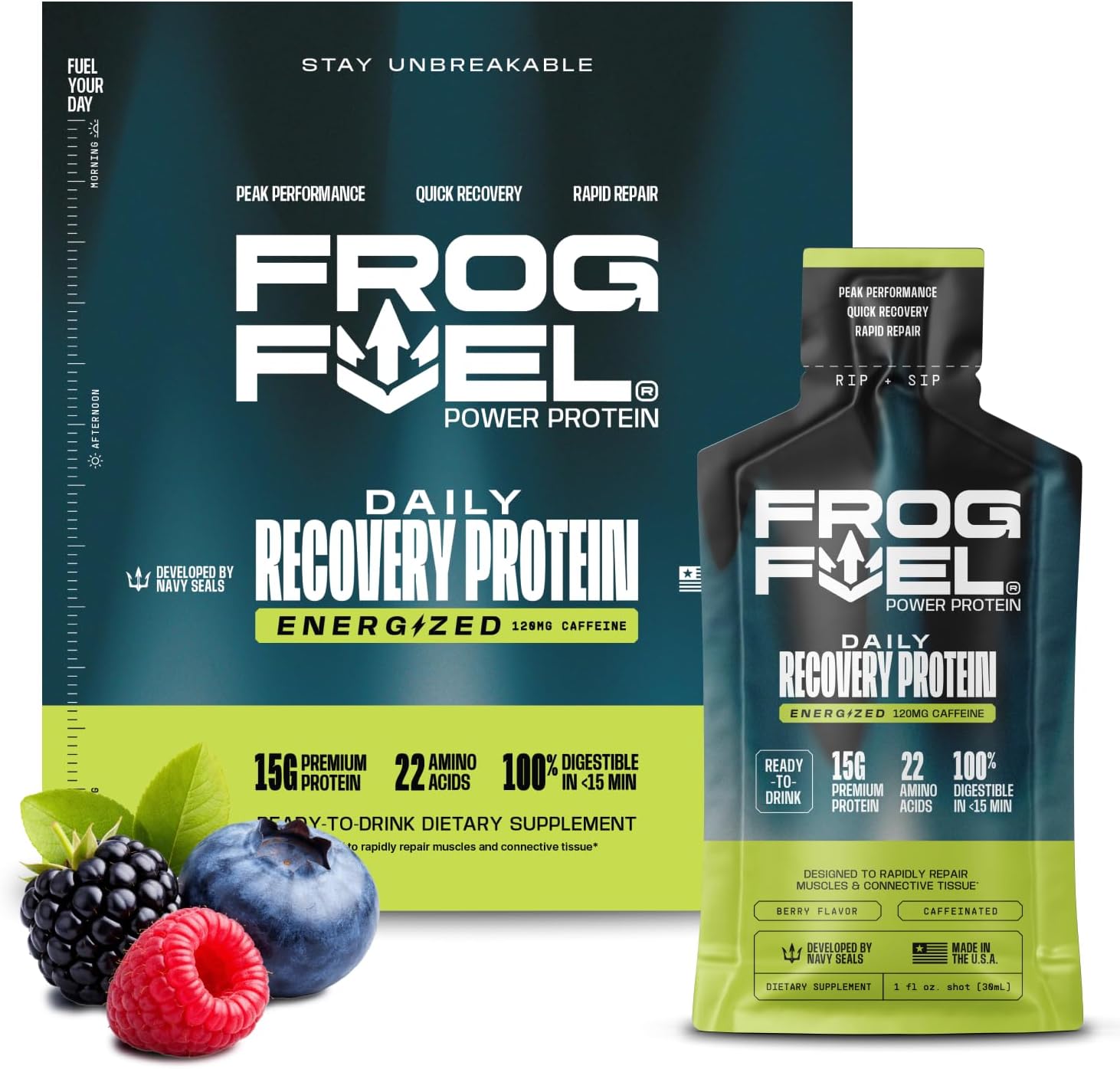 Frog Fuel Power Energized Complete Protein Shot, 15g, Nano Hydrolyzed & Grass Fed, 80mg Caffeine, Gluten Free, Fat & Sugar Free, 22 Amino Acids, 0 Carbs, Berry, 1 oz Packets, 24 Pack