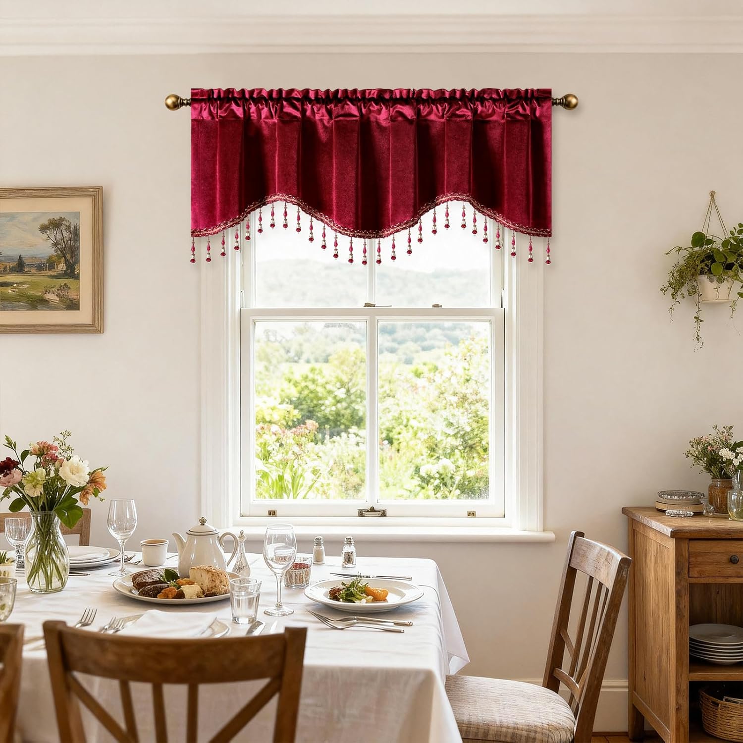 Leeva Burgundy Velvet Kitchen Valance for Windows, Solid Color Wave Curtain with Beaded Tassels, Rod Pocket Elegant Window Topper for Bedroom Living Room Dining Room, 52x18 Inches