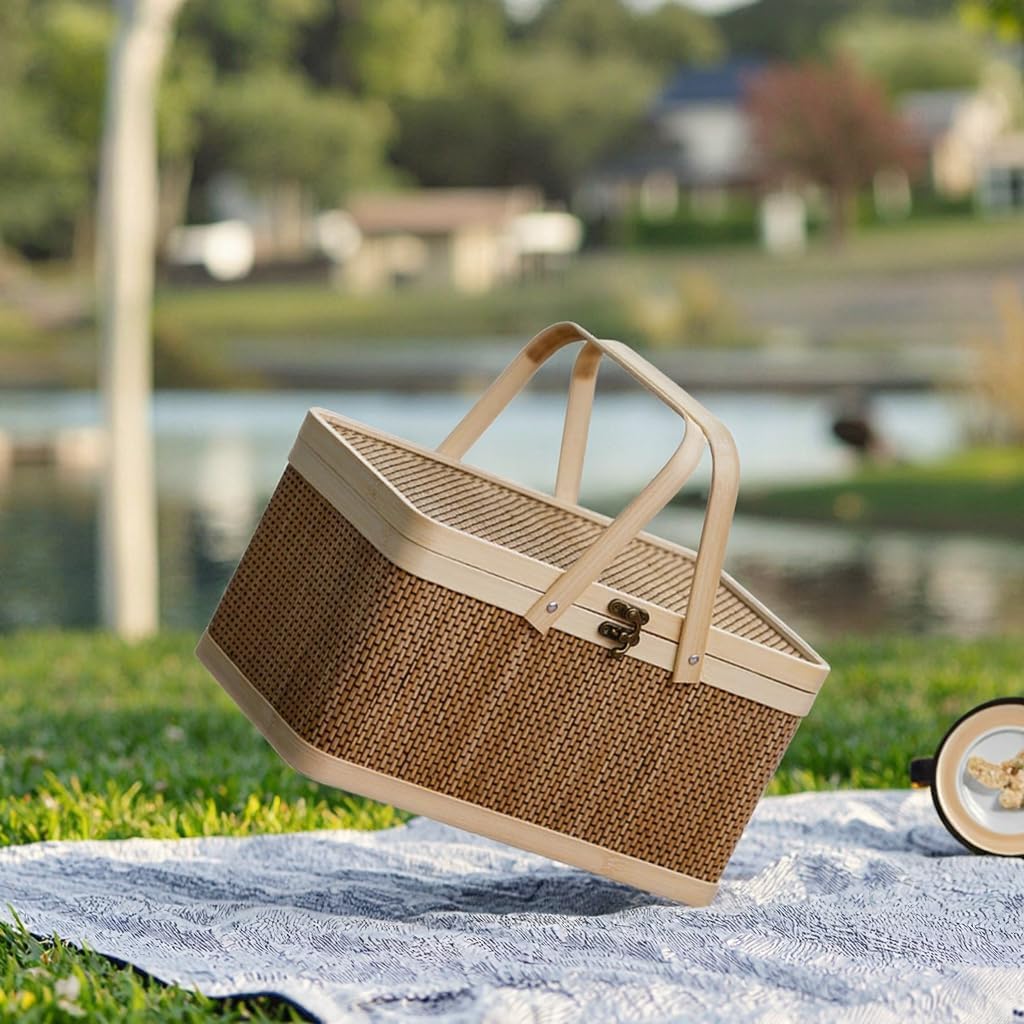 Designed Woven Natural Wood Picnic Basket with Table Lacquer Insulated Bag for Food Oval Wicker Picnic Set