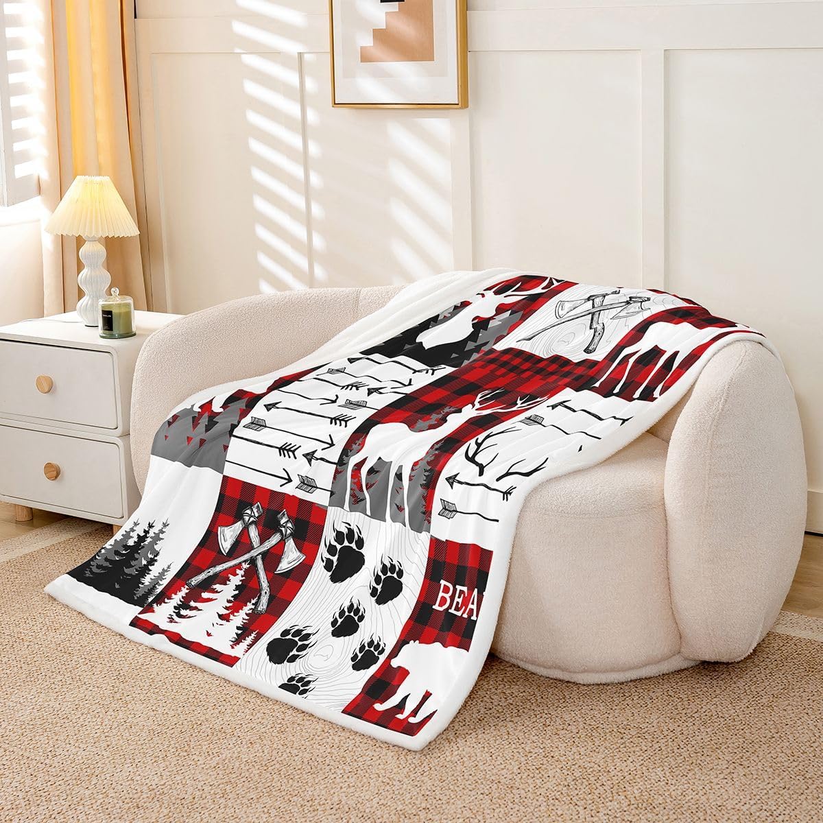 Erosebridal Rustic Animal Fleece Bed Blanket Twin 60"X80",Hunting Bear Deer Throw Blankets for Kids Boys Men Green Black Plaid Check Cabin Sherpa Blanket,Farmhouse Wooden Wildlife Flannel Blanket