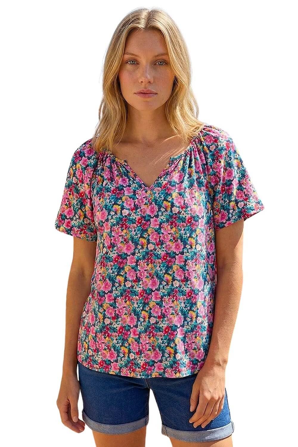 Roman Originals Textured Floral Print Stretch T-Shirt for Women UK Ladies Everyday Holiday Spring Summer Notch Neckline Comfy Soft Evening Vacation Work Party - Floral Rose - Size 20