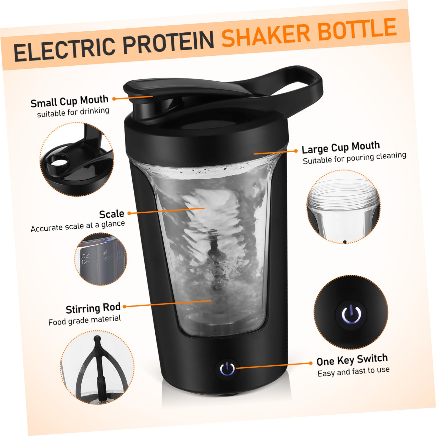 Shaker per Proteine Elettrico Nero 450ml, Miscelazione Automatica | Copolyester, Pp e Abs, Ricaricabile 500mah, Ipx5, per Bevande e Frullati Proteici