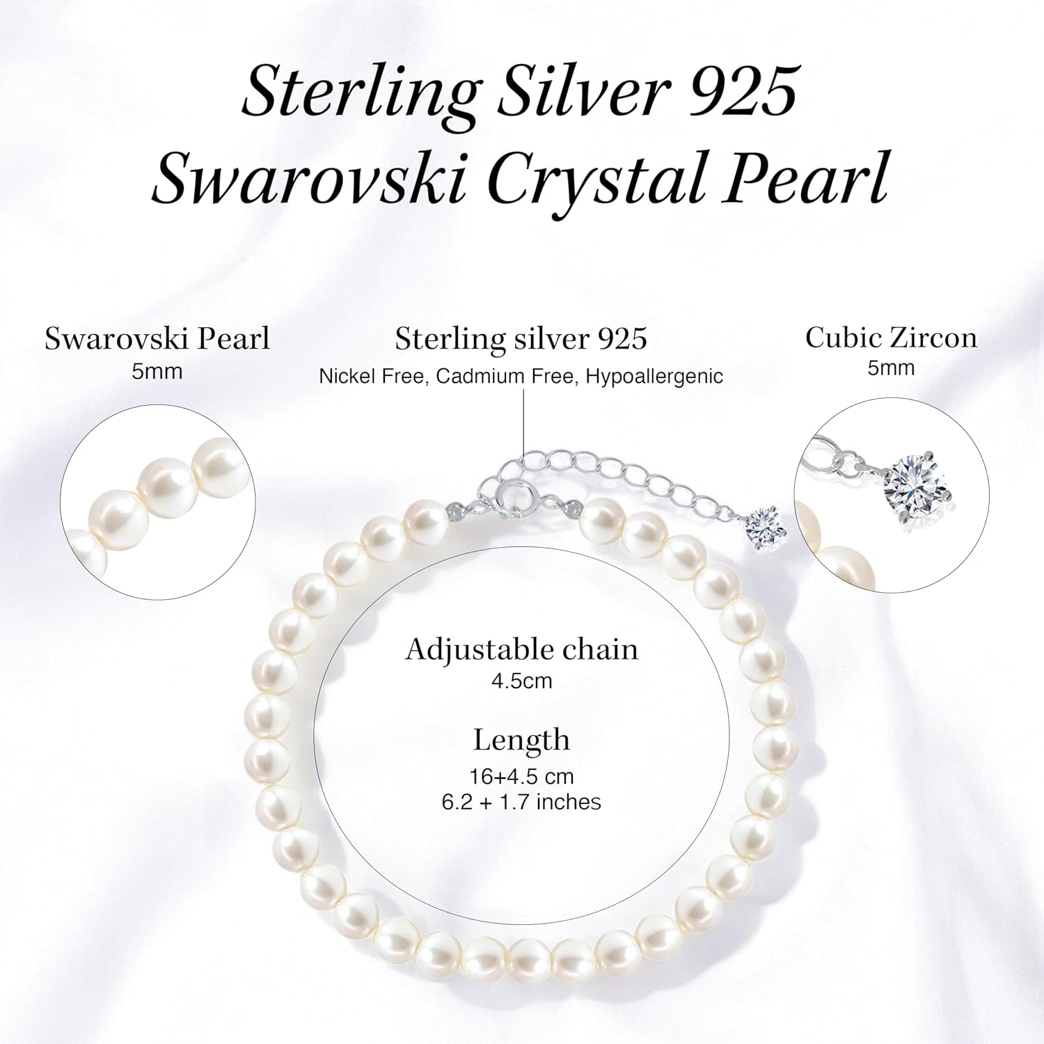 White Pearl Bracelet for Women made with Swarovski pearls and Sterling Silver 925 bracelet with Cubic Zirconia 5mm White Bracelets Ideal gift for Women Wedding Jewerly summer jewelry