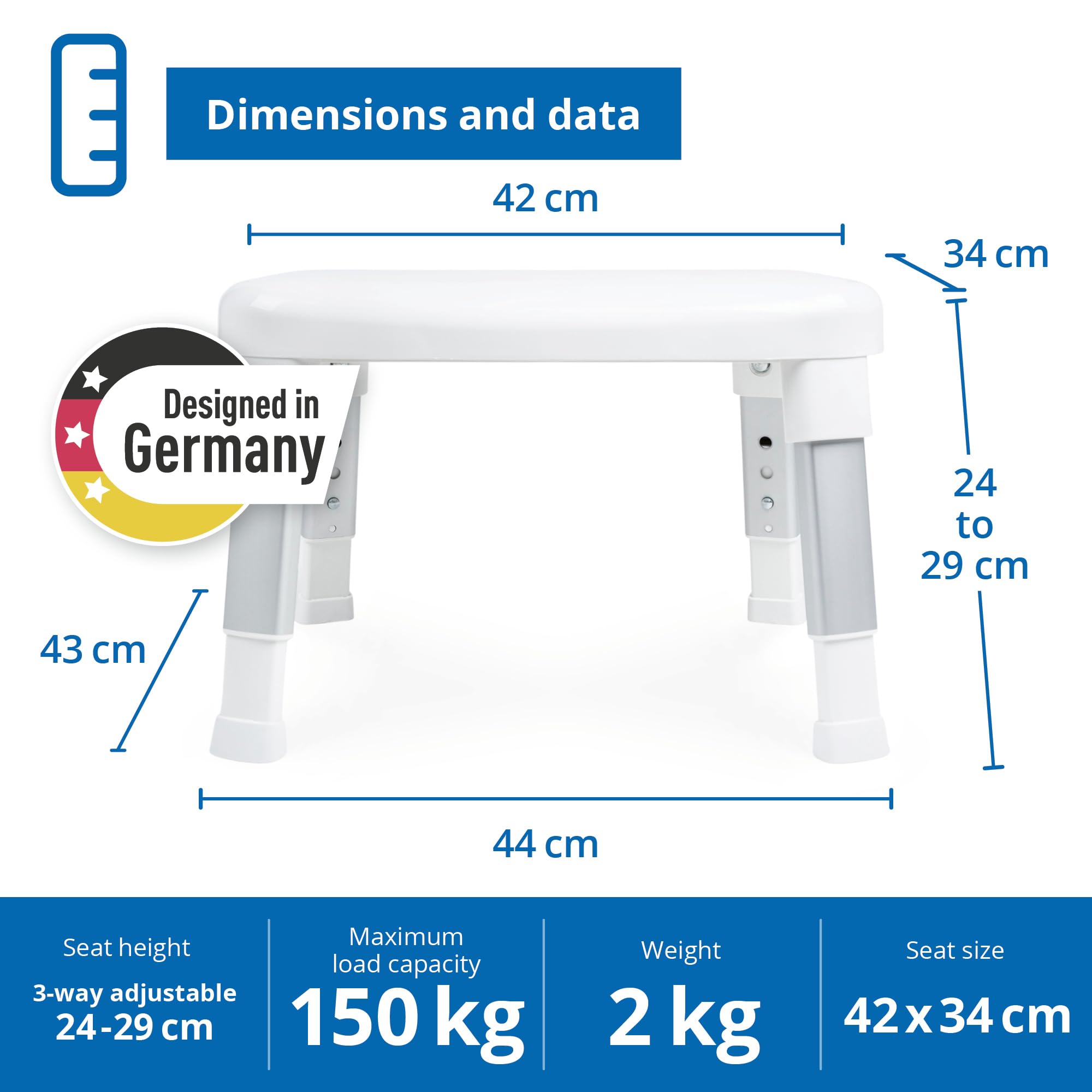 WEINBERGER Design Dusch- und Badewannentritt für Senioren und Kinder, rutschfeste Füße, höhenverstellbar, extra stabil, bis 150 kg, Fusshocker, Badhocker, Tritthocker, Farbe: Weiß, Modell: 43910