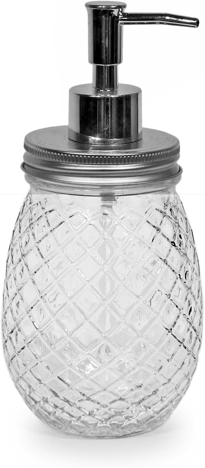 Circleware Pineapple Mason Jar Dispenser Pump Glass Bottle with Lid Home Decor and Bathroom Accessories for Essential Oils, Lotions, Liquid Soaps, 16 oz, Clear