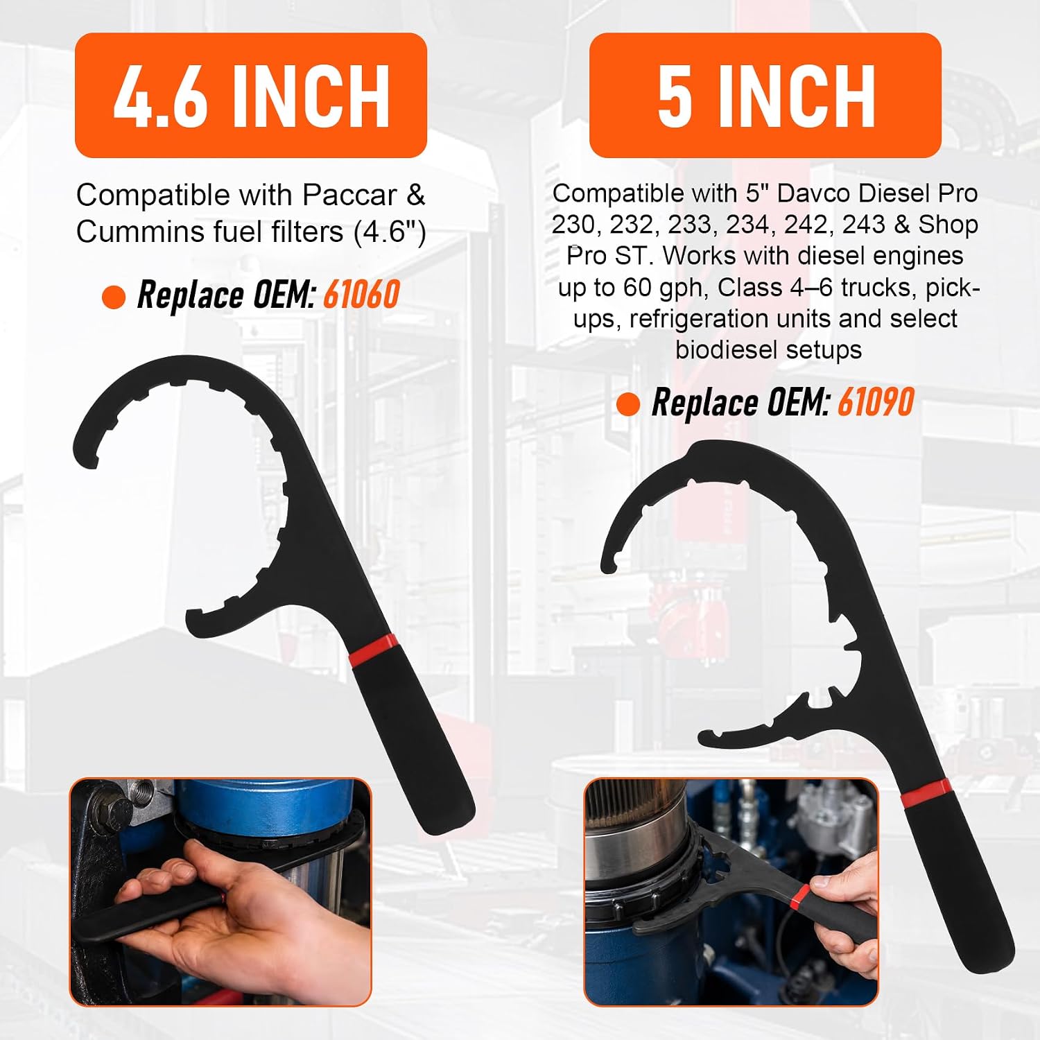 4-Piece Fuel Filter Wrench Set - 4.6/5/6/8 Inch High Carbon Steel Heavy-Duty Tools for Diesel Fuel Filter Removal, Compatible with Detroit, Navistar, Peterbilt & Cummins Diesels