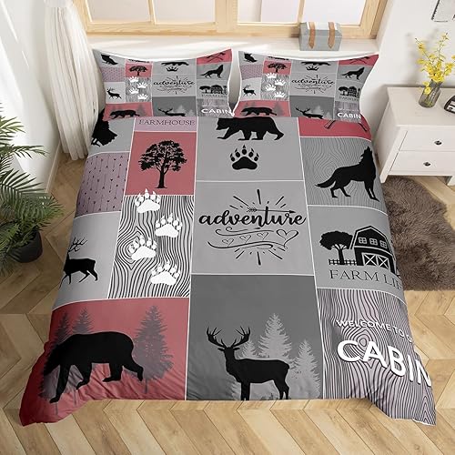 Manfei Juego de funda de edredón de aventura, tamaño matrimonial, funda de edredón de retazos de ciervo, oso, lobo con 2 fundas de almohada, juego