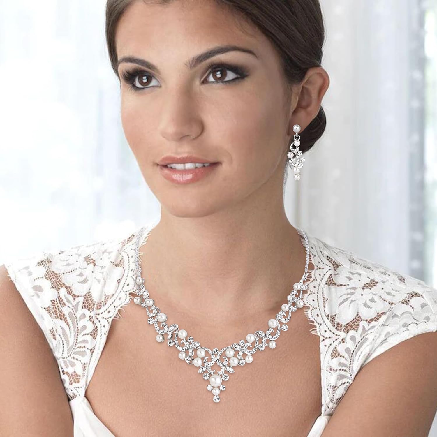 BriLove Wedding Bridal Simulated Pearl Necklace Earrings Jewelry Set for Women Filigree Vine Y-Necklace Dangle Earring Clear Silver-Tone - Image 3