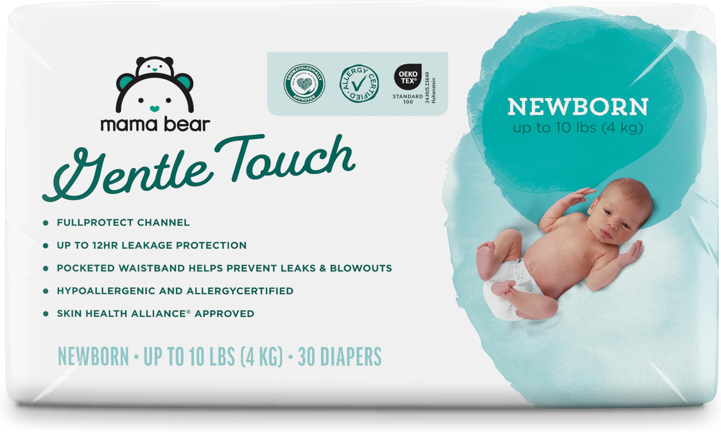 Amazon Brand - Mama Bear Gentle Touch Diapers, Size Newborn, Keeps Baby Dry, Skin Safe, Formulated without Fragrance, 30 Count