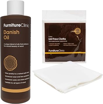 Furniture Clinic Danish Oil + 3 Lint Free Cleaning Cloths | 8.5oz/250ml Wood Oil for Furniture | Restore, Seal & Protect Oak, Pine, Teak & More | Non-Toxic Natural Satin Finish | Repels Water,