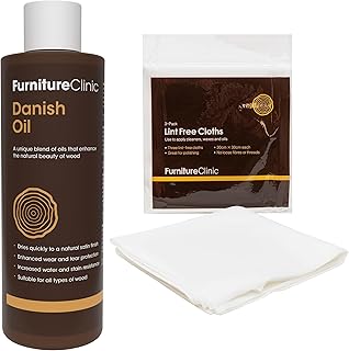 Furniture Clinic Danish Oil + 3 Lint Free Cleaning Cloths | 8.5oz/250ml Wood Oil for Furniture | Restore, Seal & Protect Oak, Pine, Teak & More | Non-Toxic Natural Satin Finish | Repels Water,