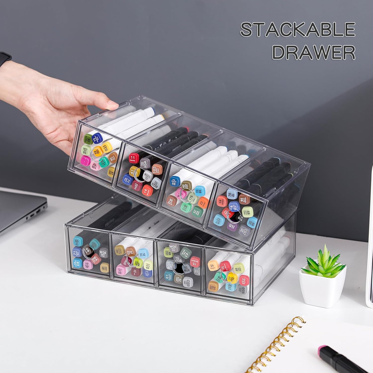 Yesesion 4 Pack Clear Pen Organizer for Desk, Plastic Home Office Supplies Storage Box with 16 Small Drawers for School Stationery, Art Crafts, Crayon, Coffee Pods, Hair Ties, Vertical Marker Holder Clear D 4 Pack image 4 of 9 B0DQ82KN9C