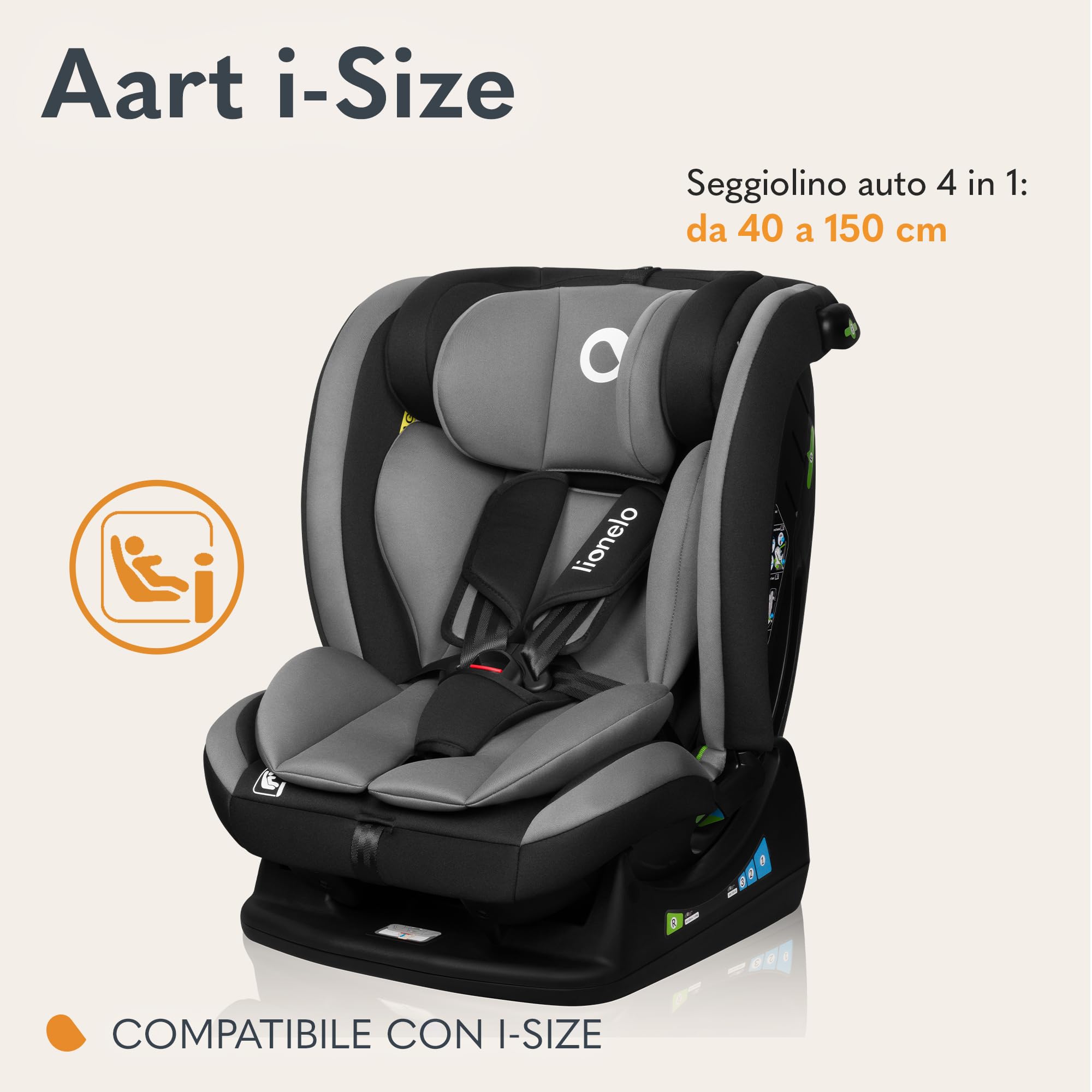 LIONELO AART I-SIZE Seggiolino Auto per Bambini 40-150 cm, Montaggio con Cinture di Sicurezza, Poggiatesta e Schienale Regolabili, Inserto Riduttore e Linguinale, Norma R129 i-Size