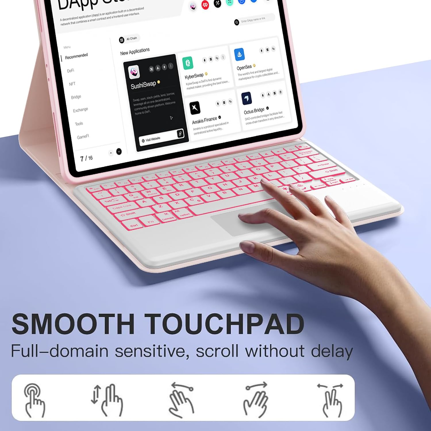 Touchpad Keyboard Case for Lenovo Idea Tab Pro 12.7 inch Tablet 2024/2025, 7 Colors Backlit, Detachable Bluetooth Wireless Trackpad Keyboard Slim PU Stand Cover with Pencil Holder, Pink