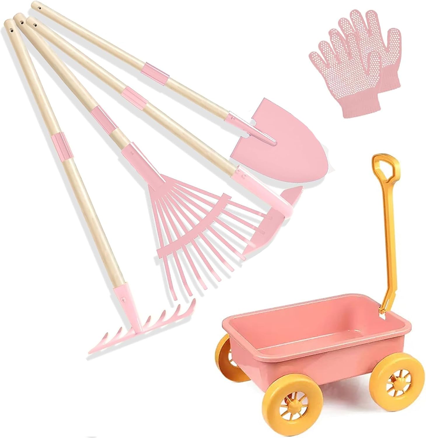 Kids Gardening Tool Set,6 pcs Detachable Toddler Gardening Tools with Shovel,Rake,Hoe and Rake for Outdoor Summer Yard Lawn Beach,Christmas Birthday Gifts for Age 3,4,5 Year (Pink Wheel kit)