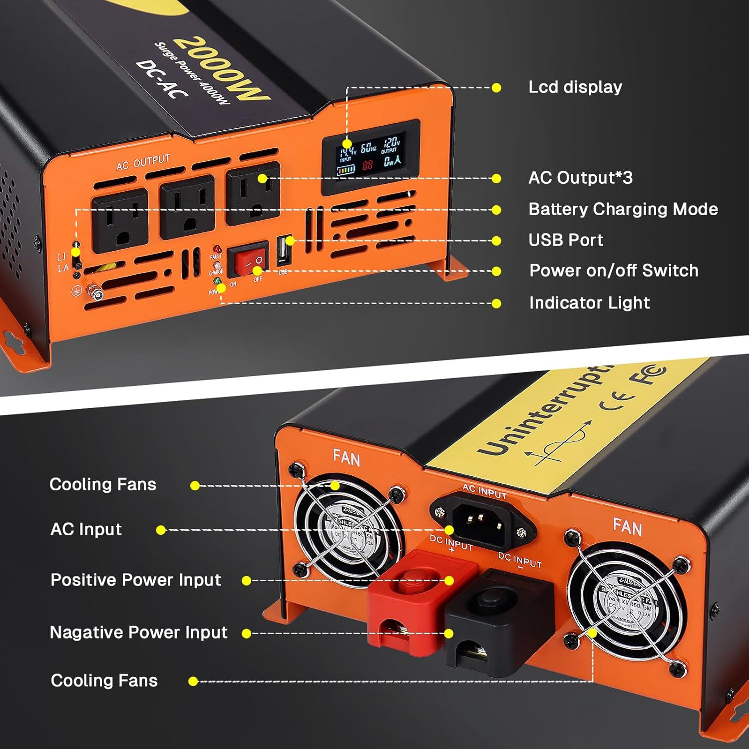 2000W Sump Pump Battery Backup Power System,Basment Protection Sump Pump Inverter, LCD Display, Basement Protection for Power Outage Emergencies (Orange)