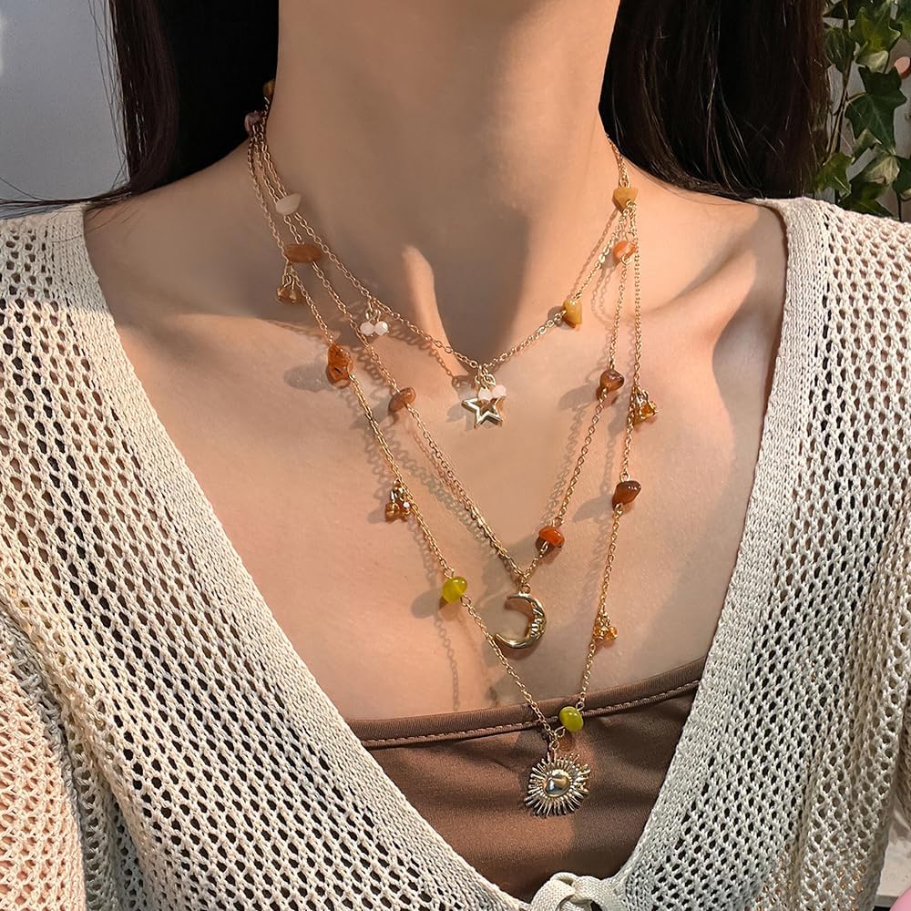 Layered Gold Cross Necklace for Women with Crystal Rhinestone Turquoise Tiger's Eye Stone Pendant, Pearl Drip Long Chain Necklace Stack Streetwear Jewelry Christmas Gifts