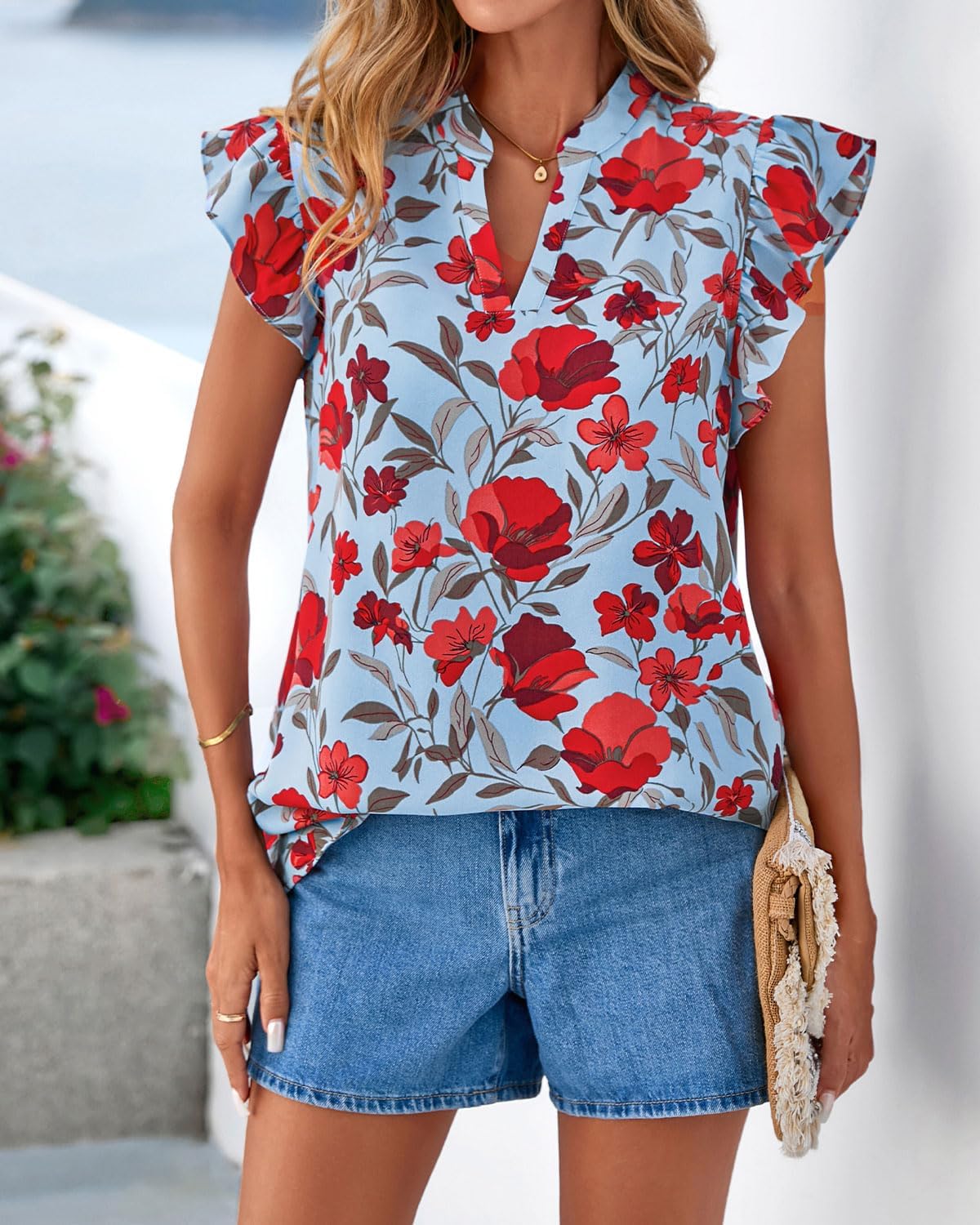 Zenlonr Womens Dressy Casual Tops 2026 Summer Ruffle Cap Sleeve V Neck Shirts Boho Floral Blouses Vacation Outfits - Image 4