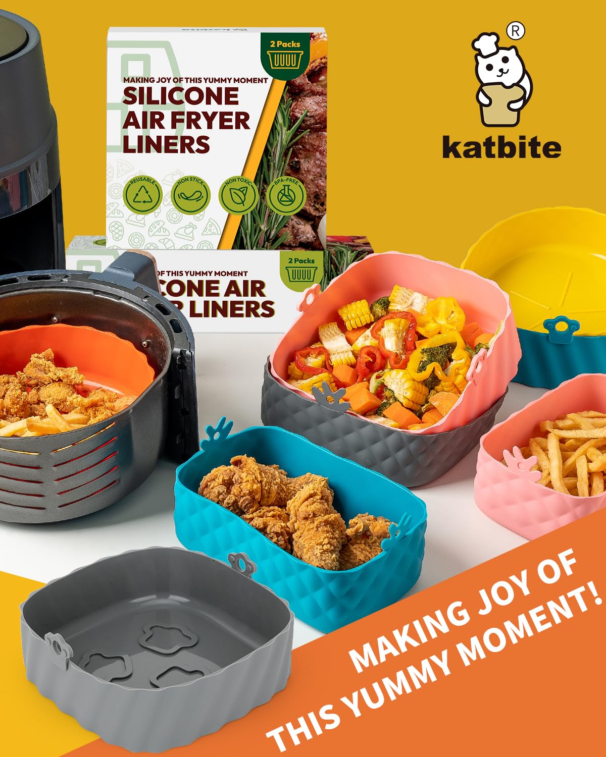 Katbite Silicone Air Fryer Liners 8inch 2Pack Reusable Air Fryer
