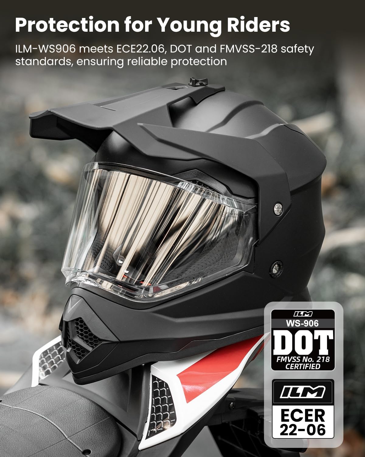 ILM Youth Dirt Bike Helmets Kids ATV Motocross BMX Off Road Motorbike with Visor Gloves ECE DOT WS-906(Matte Black, YL)