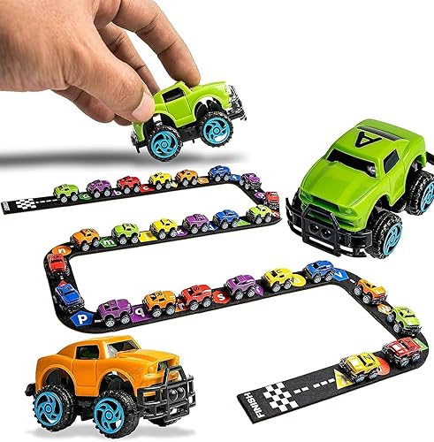 Skoolzy - Juego de pistas de carreras del alfabeto, 26 autos en 6 colores, 15 pistas del alfabeto, juguete de tallo, motor fino, combinación de