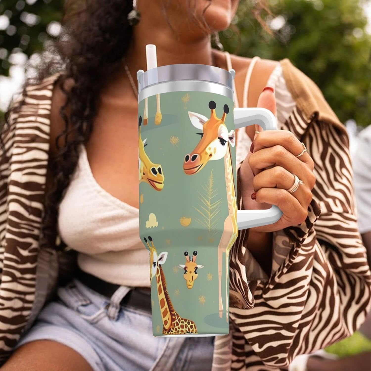 40 OZ Cute Wild Cartoon Giraffes Print Ice Bully Cup with Handle Straw Lid Straw,Stainless Steel Tumbler Coffee Cup