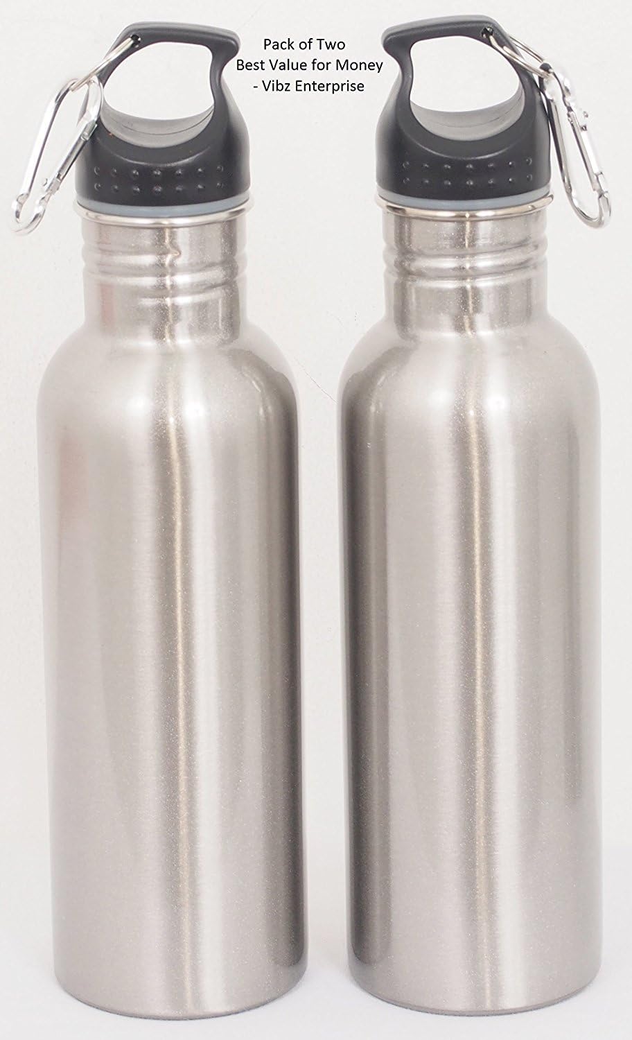 Best Value Pack of Two BPA Free Metal Water Bottle by Vibz Enterprise with Free Carabiner and Leak Proof Cap, Hygienic, Durable and Ecofriendly Hydration Source for Sports and Outdoor Activity
