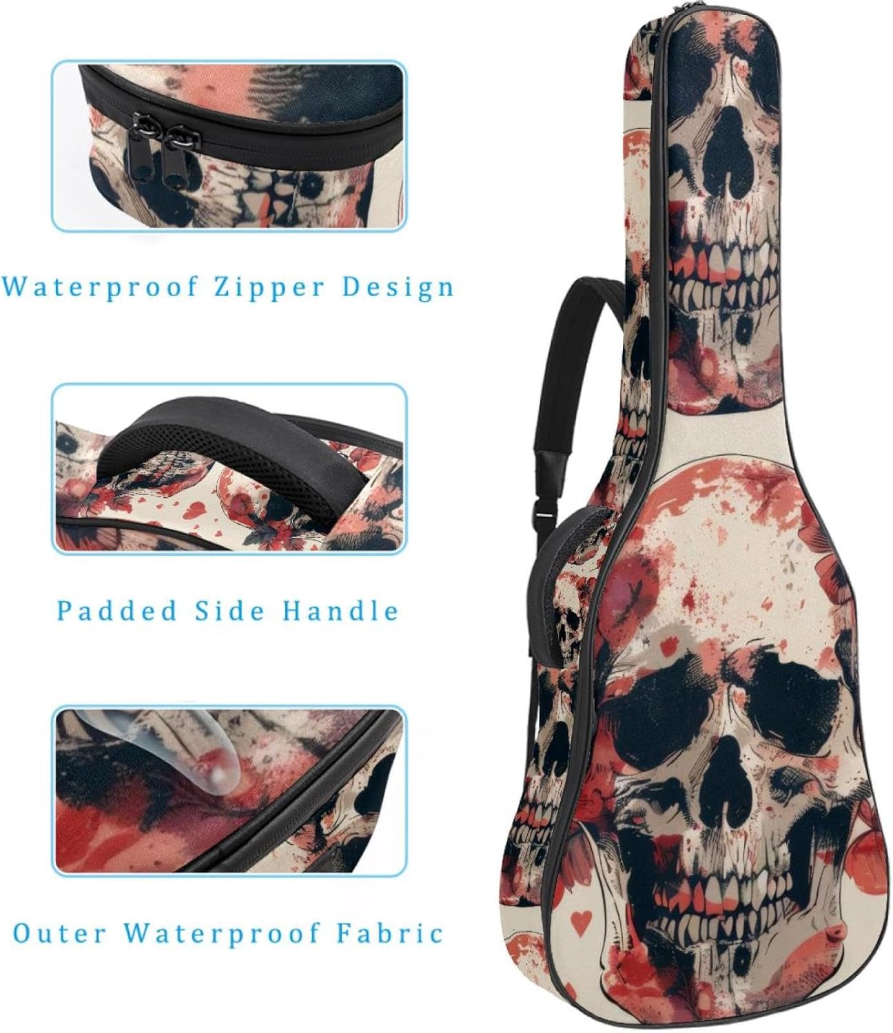40 41 42 Inch Guitar Bags, Waterproof Padded Acoustic Guitar Case Backpack with Adjustable Shoulder Strap & Pockets, Skulls Art Pattern