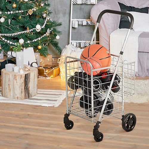 Carrito de compras plegable, carrito de supermercado de doble cesta con barra de mango ancho ajustable y ruedas giratorias, adecuado para libros de