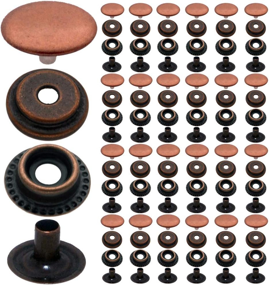 100pcs 15MM Plated Steel Snaps Fastener Snap Press Stud Cap Button Marine Boat Canvas Antique Copper 7mm Height(4 Components, 25pcs for Each)