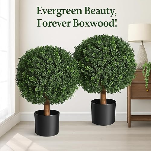 Miniatura 8 de Juego de 2 plantas de boj artificiales de 24 pulgadas de alto para exteriores e interiores, resistentes a los rayos UV, resistente al agua