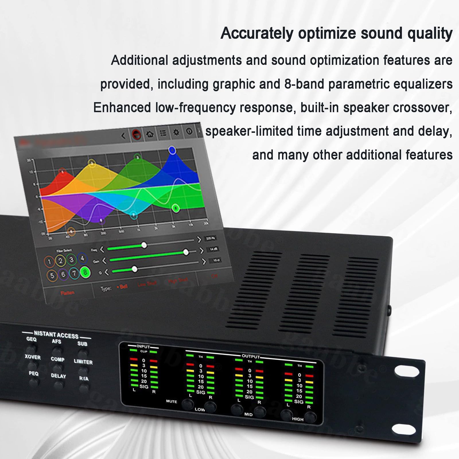 Procesador de audio digital profesional, amplificador de potencia y efector con pantalla LED retroiluminada y altavoz integrado para estudio de DJ y actuaciones en vivo
