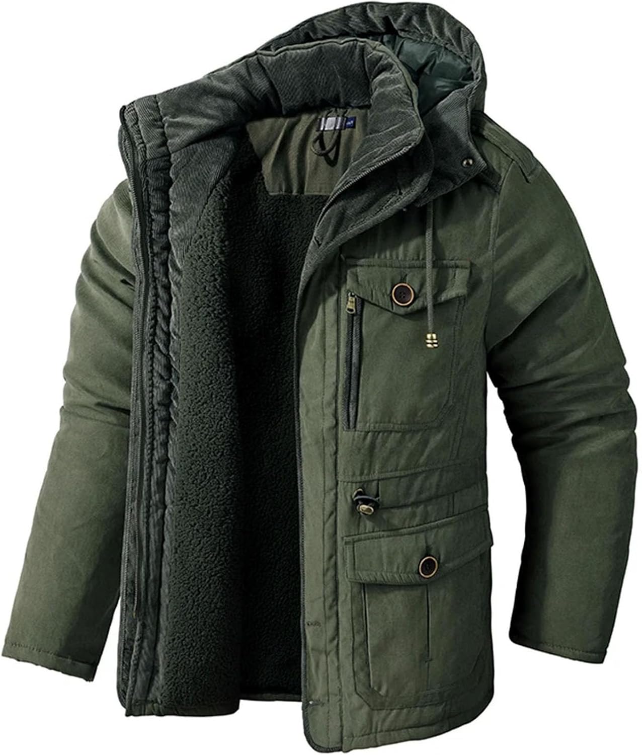Men's Fleece Jackets Winter Vintage Warm Thick Hooded Parka Camping Snow Cold-proof Pocket Coats