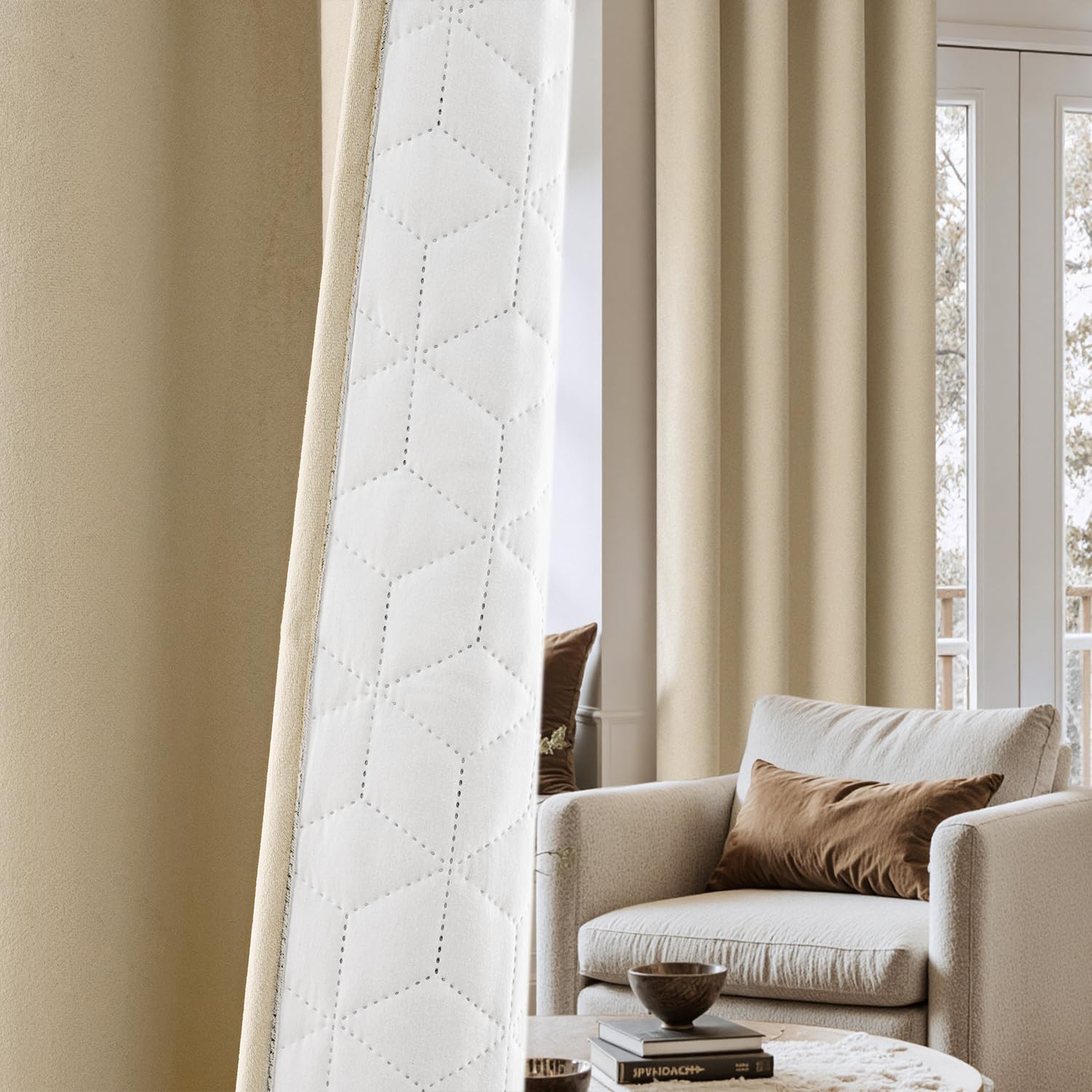 MIULEE Thermovorhang Samt, Kälteschutz Wärmevorhang, Beige, 132x225cm 1er | Doppellagiger Samt-Thermovorhang mit Gestepptem Futter, Blickdicht, Kälteschutz für Haustüren im Winter