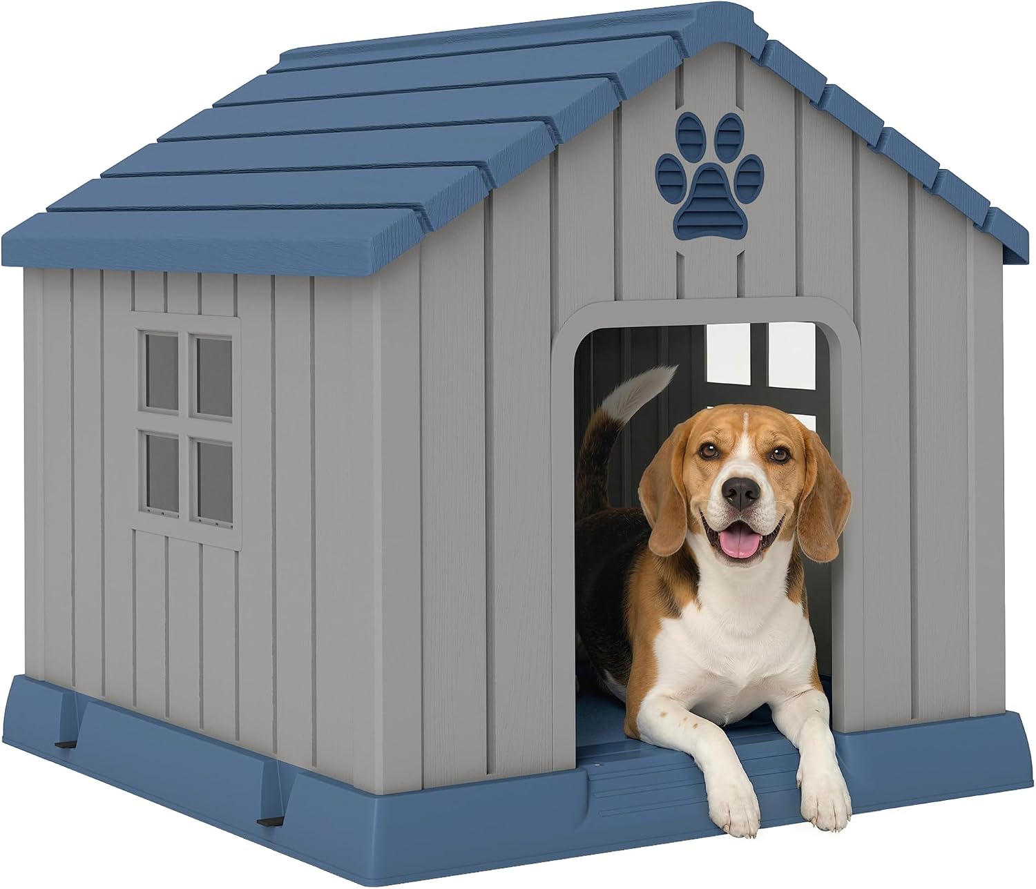 Grey plastic dog house with wood-effect texture and paw-shaped vents