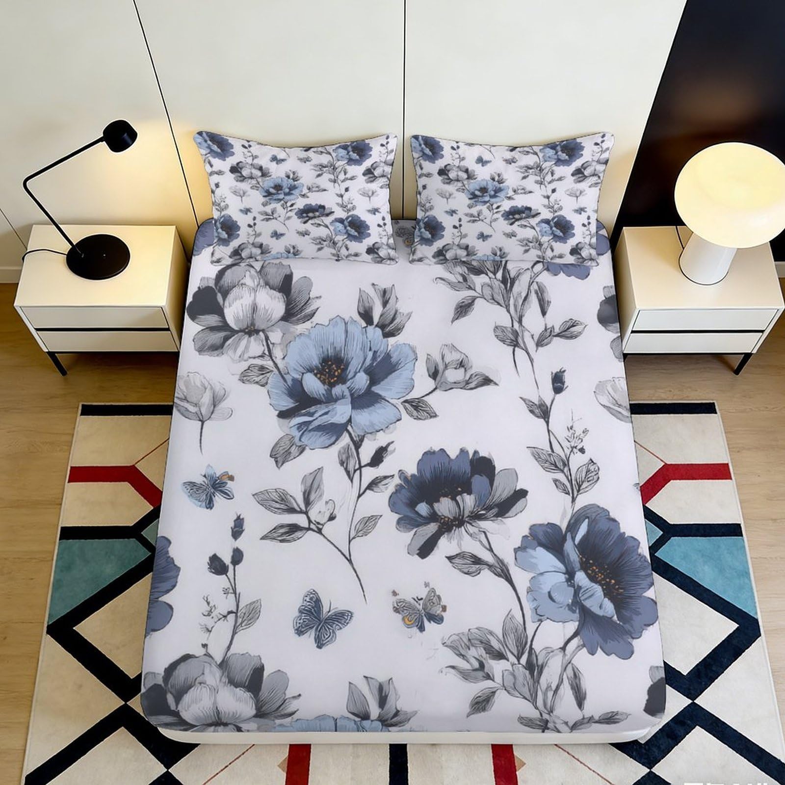3D Printed Blue Floral Fitted Sheet, Microfiber Soft Touch, Bedroom Decor Bed Cover, Wrinkle Resistant, Guest Room Bedding, Easy Care, Stylish Accent, Dustproof, Home Use, 100x200cm 90x200x25cm