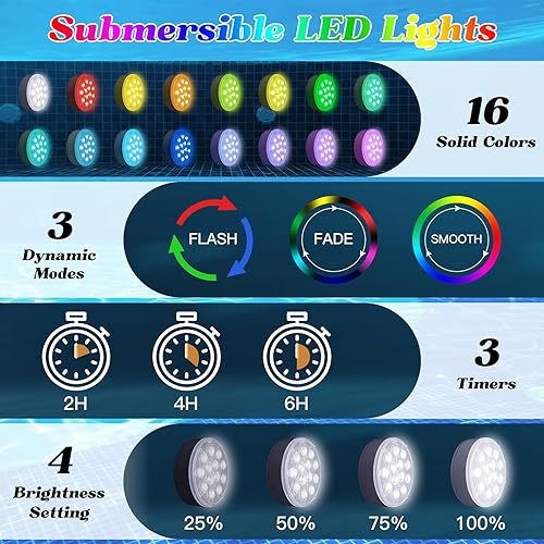 Miniatura 6 de Luces LED sumergibles recargables mejoradas para piscina con control remoto, luz flotante impermeable IP68, luces subacuáticas de 16 colores para