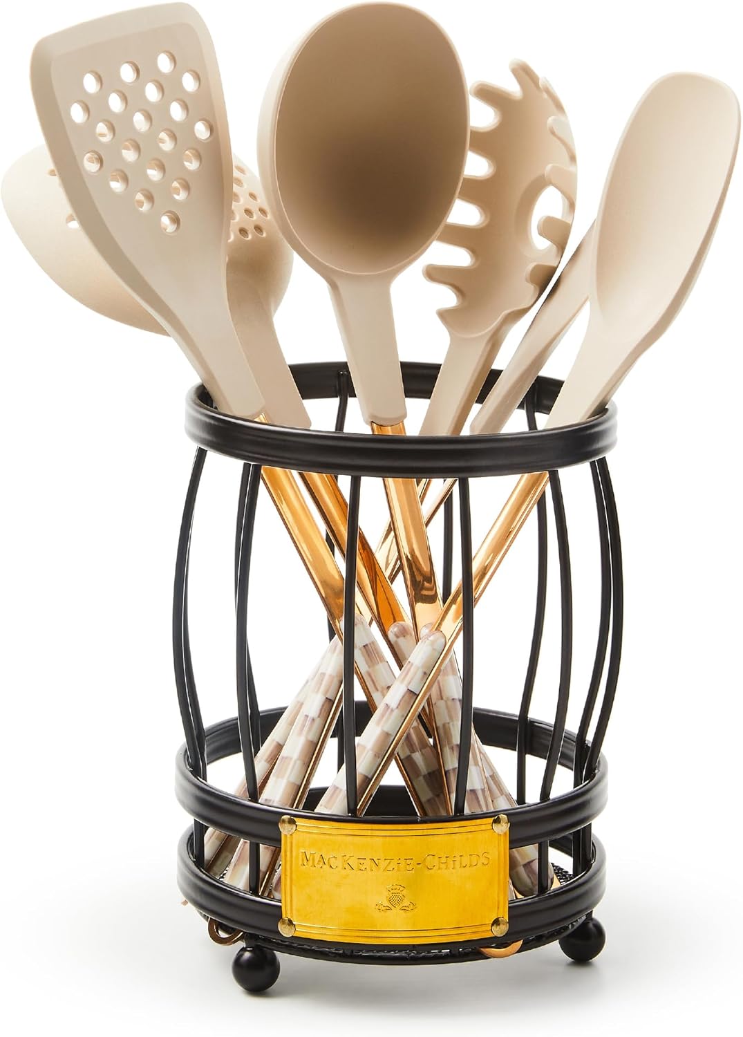 MACKENZIE-CHILDS Utensil Caddy Set with Kitchen Utensils, Brown-and-White Mocha Check