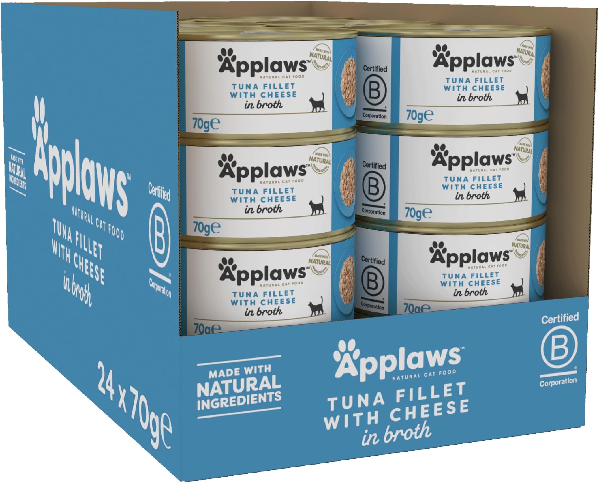 Applaws Natural Wet Cat Food Cans, Tuna with Cheese in Broth - 24 x 70g