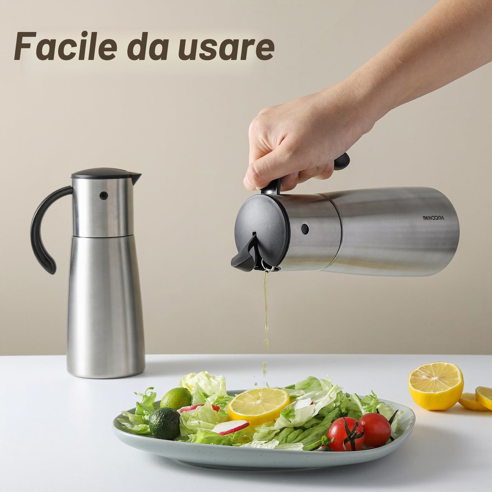 Vucchini 380 ml Dispenser per Olio d'Oliva Tutto in Acciaio Inossidabile per La Cottura in Cucina,con Tappo Automatico,Contenitore per Condimenti a Ribaltamento