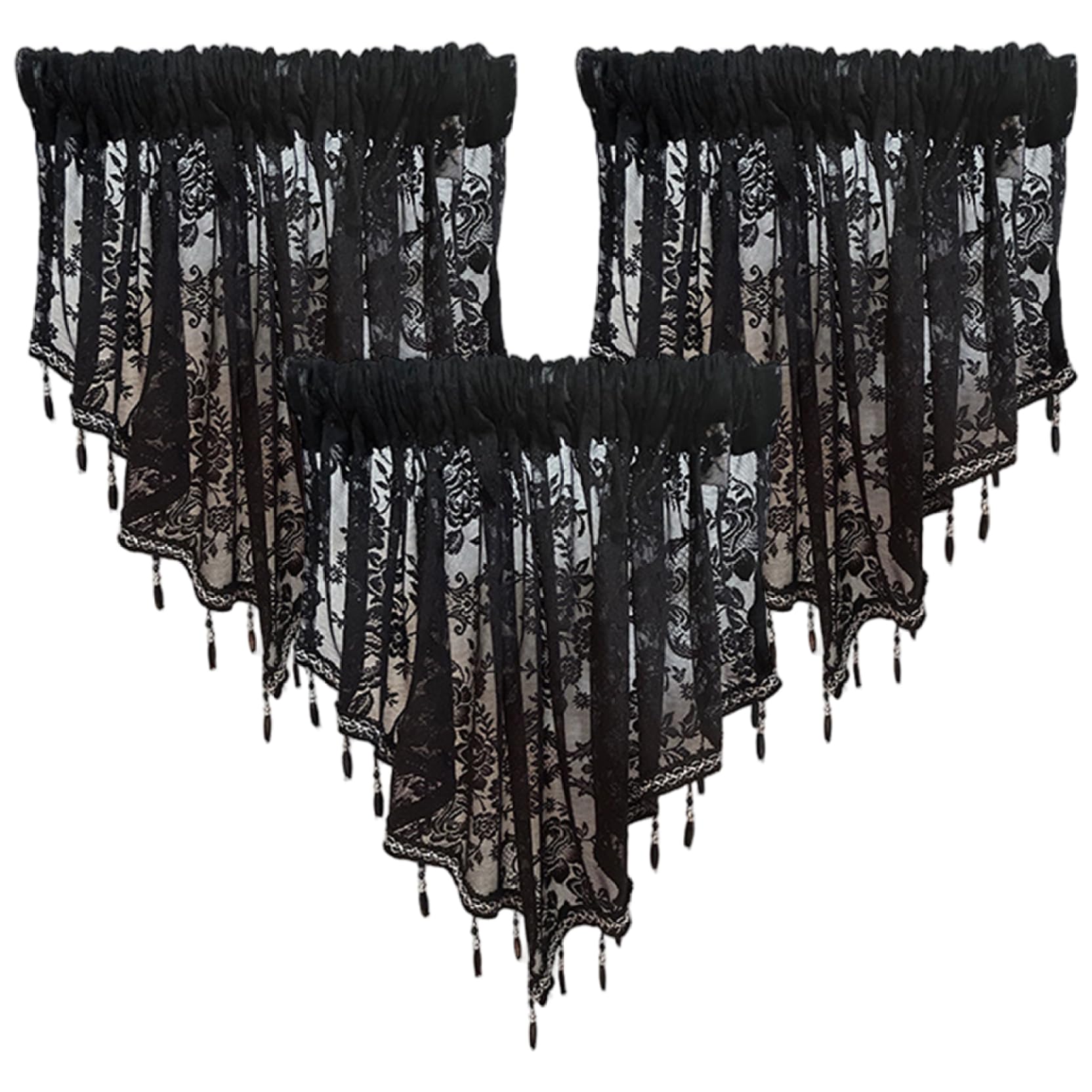 CNAFGBGG Halloween Valance 3 Pcs, Sheer Beaded, Black, 51.2x23.6in.
