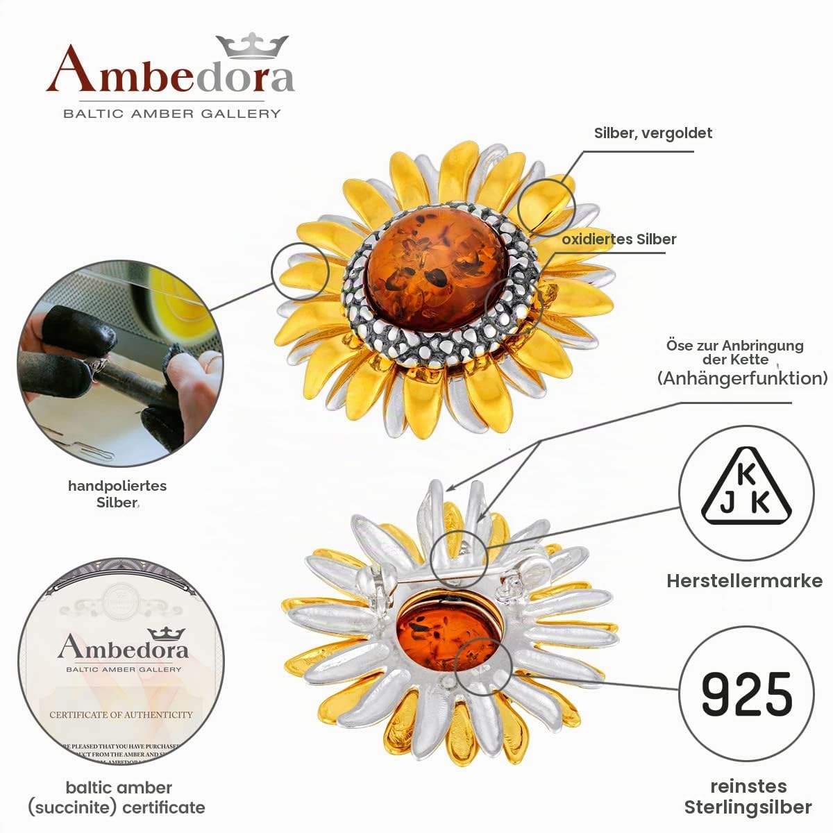 Damen Brosche Anhänger Sterling Silber Poliert, Oxidiert, Vergoldet, Cognac Baltischer Bernstein Rund, Sonnenblumen Brosche mit Anhänger Funktion, Geschenk Set