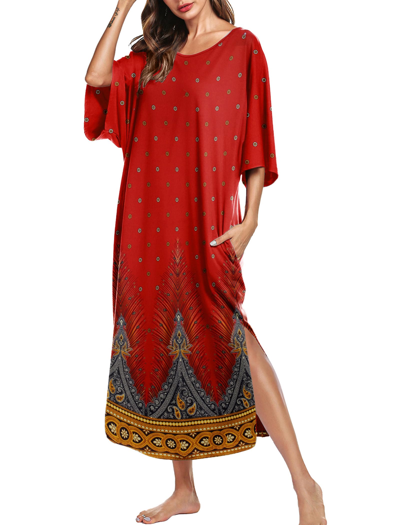 Ekouaer Long Nightgowns for Women Short Sleeve Night Gowns with Pockets | Casual Maxi Lounge Dress, Round Neck Sleep Dress, Plus Size House Dress, Side Split Sleepshirts for Lounging, Home, Party