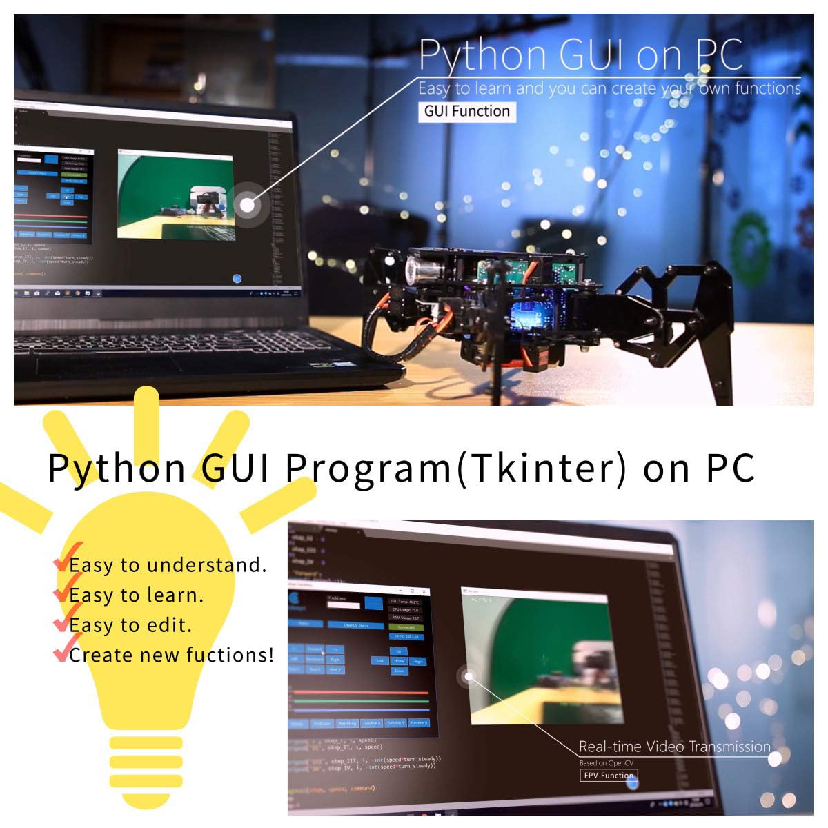 Adeept Darkpaw Bionic czworonożny zestaw robota pająka do Raspberry Pi 4/3 model B+/B/2B, robot Raspberry Pi Exploration STEM, OpenCV Tracker, samoustabilizujący się